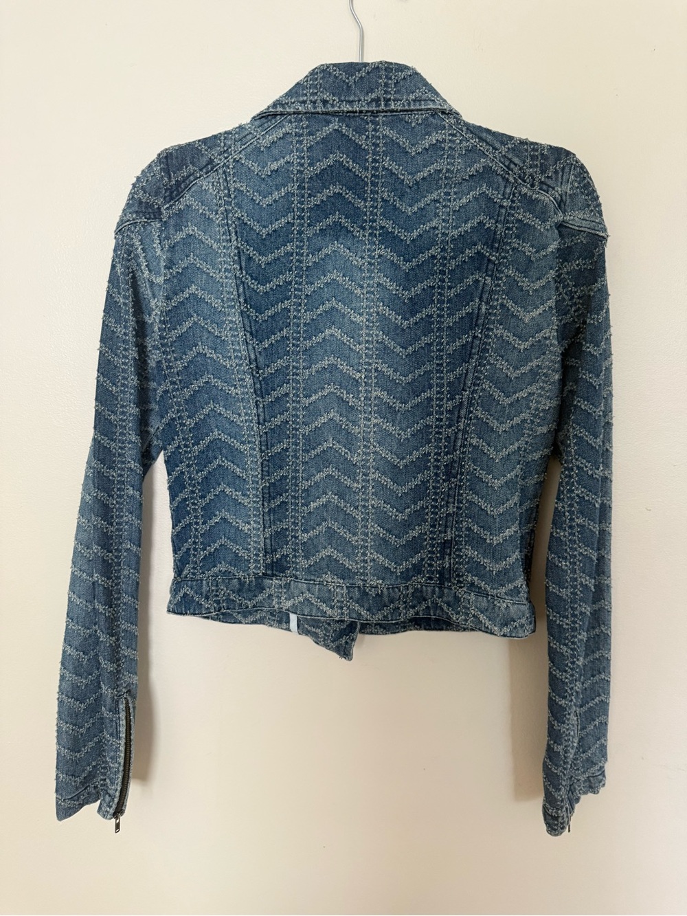 Free People Blue Chevron Denim Moto Jacket - Picture 2 of 5